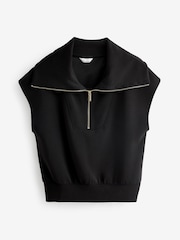 Black Premium Slinky Quarter Zip Neck Collared Short Sleeve Top - Image 5 of 6