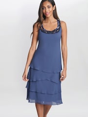Gina Bacconi Blue Leigh Embellished Tiered Sequin Jacket Dress - Image 1 of 6