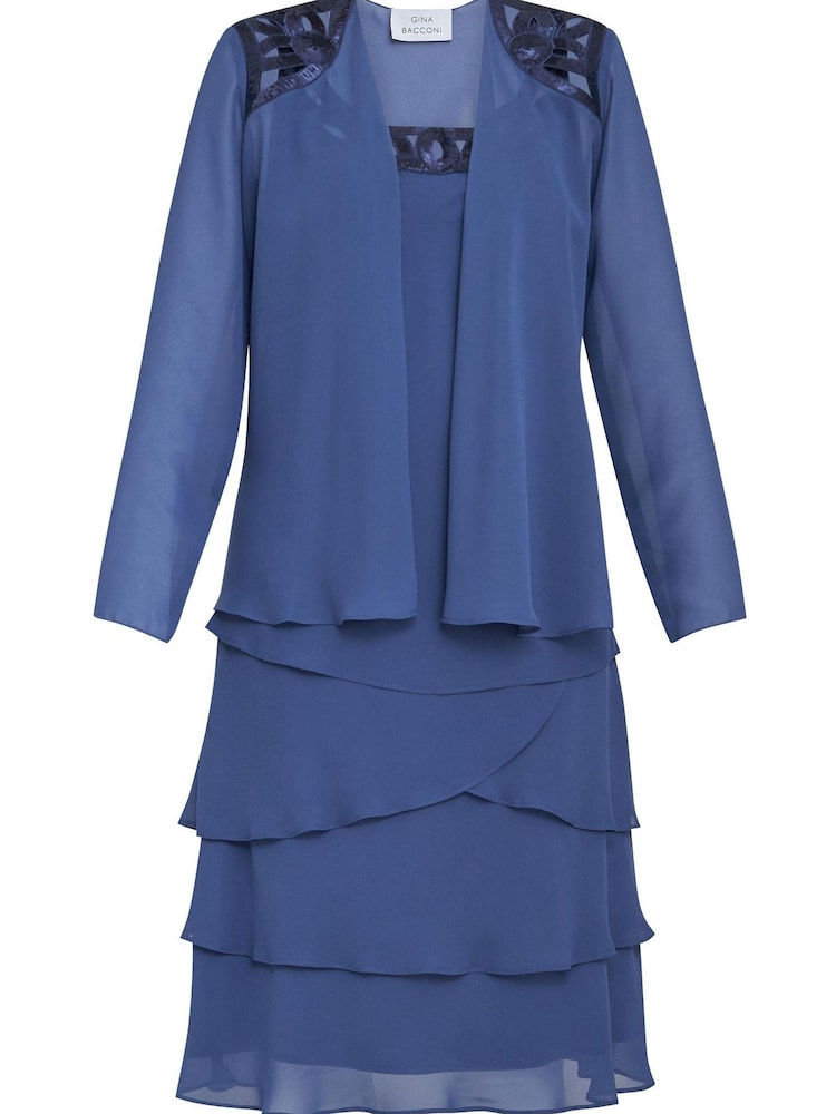 Gina Bacconi Blue Leigh Embellished Tiered Sequin Jacket Dress - Image 6 of 6