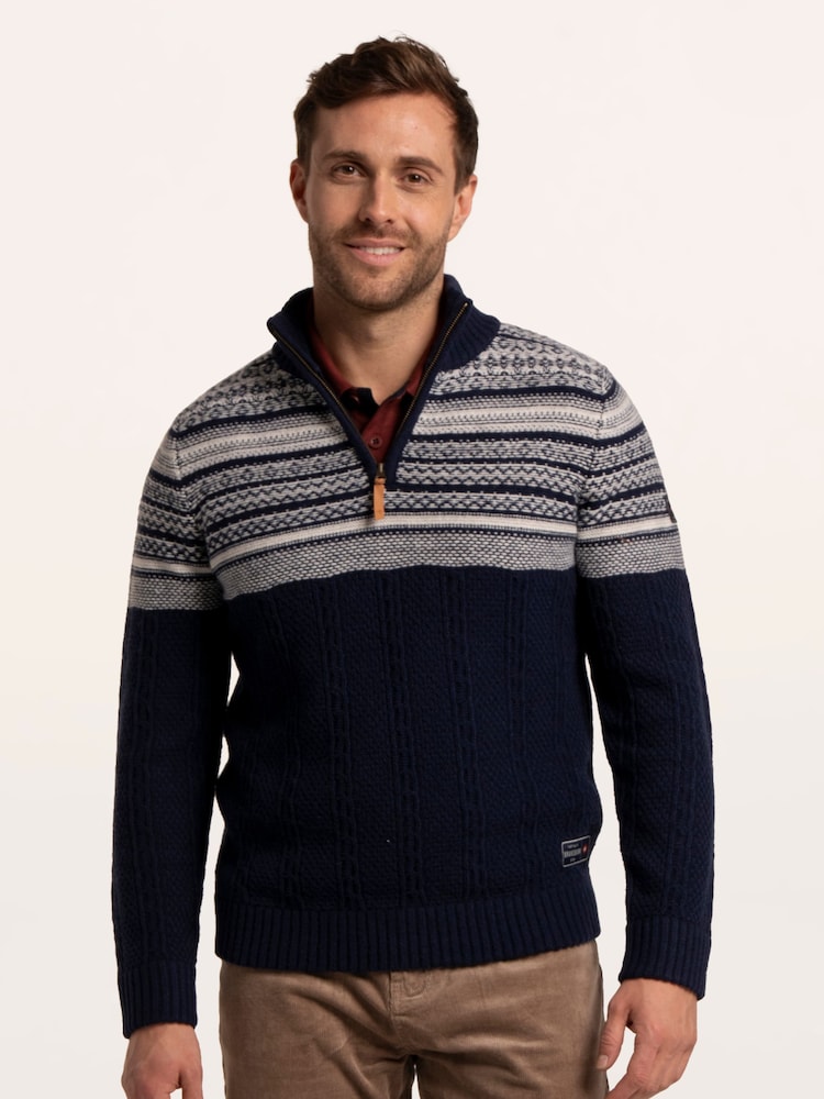 Brakeburn Blue Crossharbour Fairisle 1/2 Neck Knitted Jumper - Image 1 of 6 Brakeburn Blue Crossharbour Fairisle 1/2 Neck Knitted Jumper - Image 1 of 6