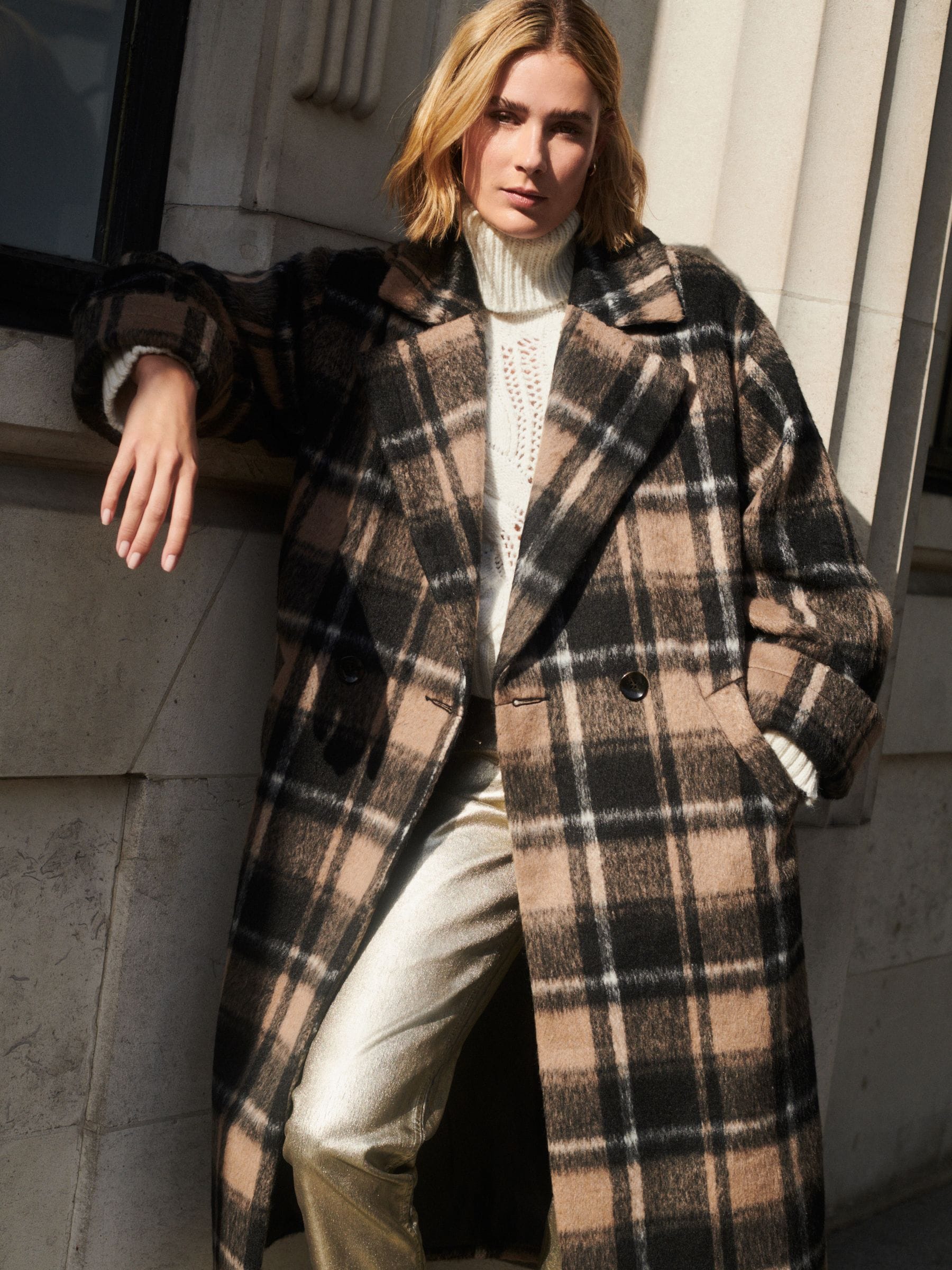 Buy Brown Longline Check Coat from Next Luxembourg