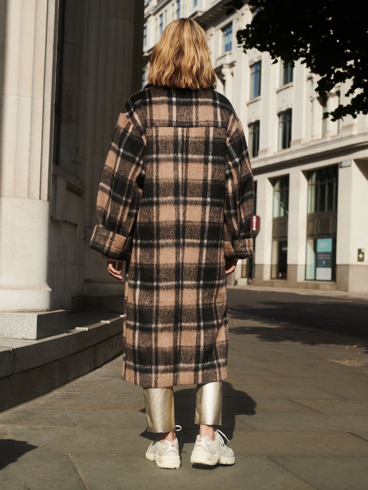 Brown Longline Check Coat - Image 4 of 8