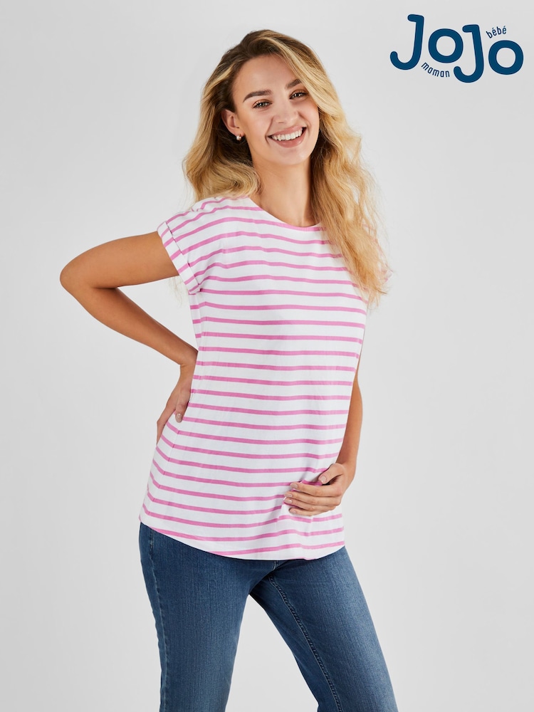 JoJo Maman Bébé White Pink Stripe Blue White Stripe Boyfriend Maternity Cotton T-Shirt - Image 7 of 9