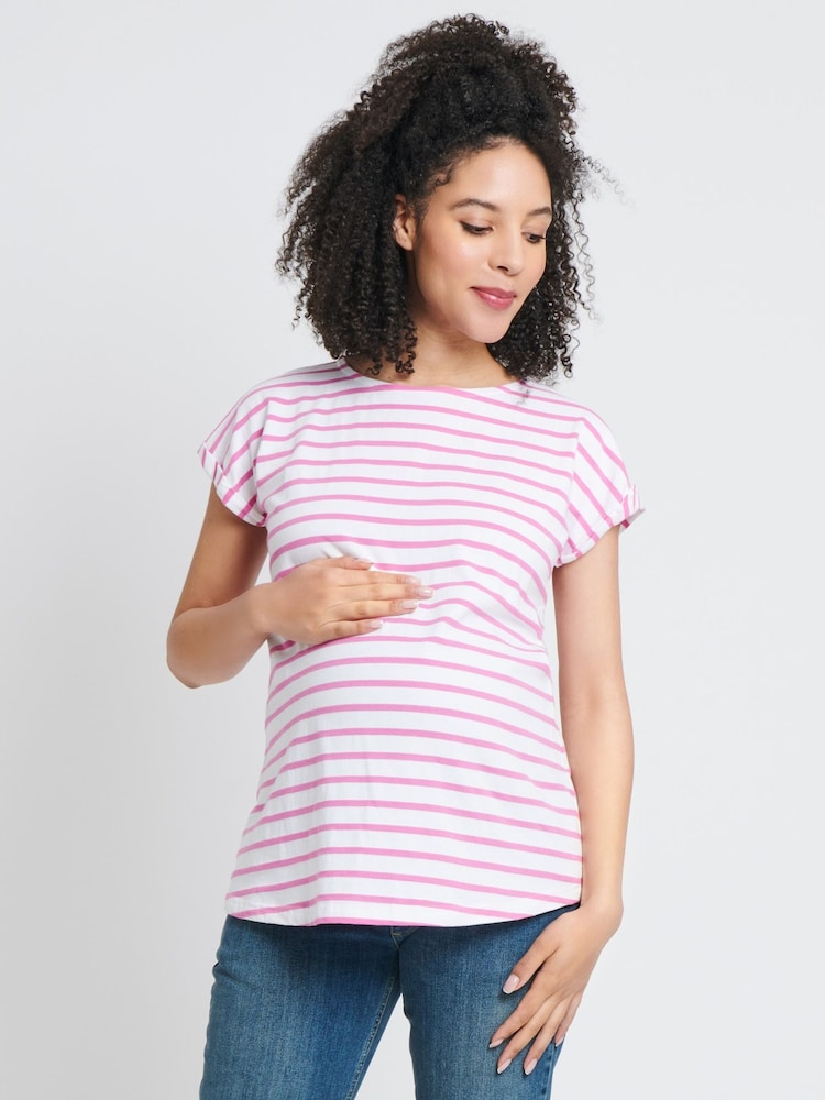 JoJo Maman Bébé White Pink Stripe Blue White Stripe Boyfriend Maternity Cotton T-Shirt - Image 8 of 9
