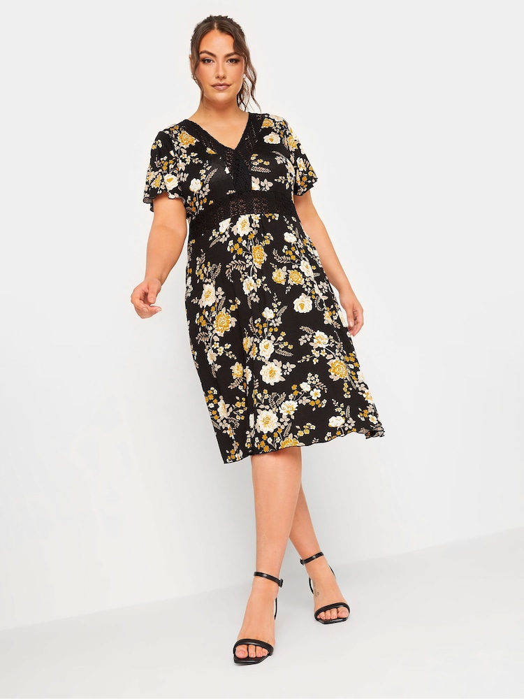 Yours Curve Black V-Neck Lace Detail Dress - Image 1 of 4