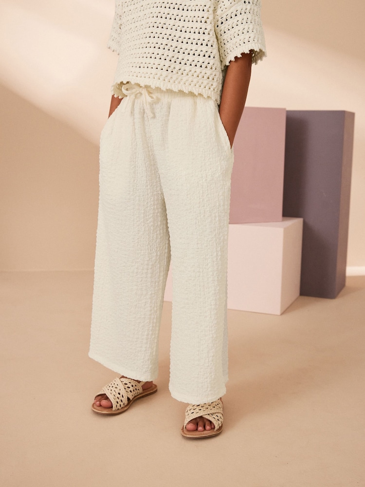Neutral Crinkle Texture Jersey Wide Leg Trousers (3-16yrs) - Image 2 of 7