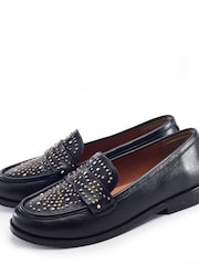 Moda in Pelle Black Feona Leather Stud Detail Flat Loafers - Image 2 of 4