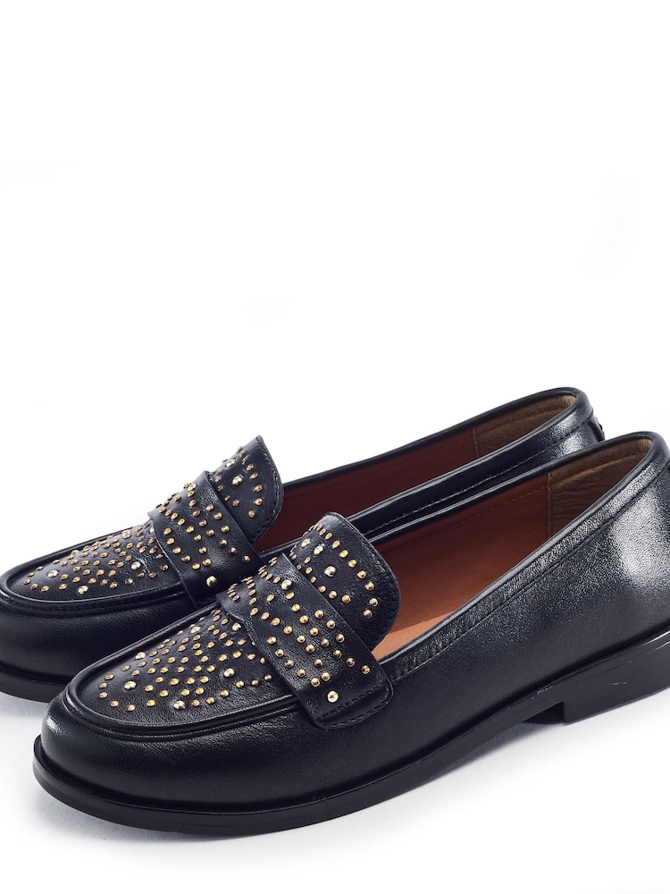 Moda in Pelle Black Feona Leather Stud Detail Flat Loafers - Image 2 of 4