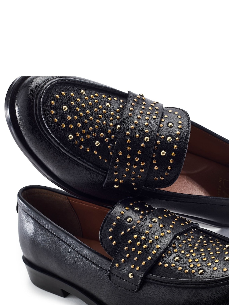 Moda in Pelle Black Feona Leather Stud Detail Flat Loafers - Image 4 of 4