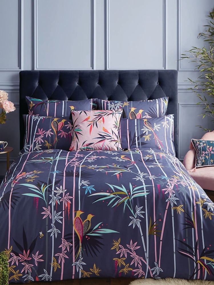 Sara Miller Blue Linear Bamboo Viscose 100% Cotton Duvet Cover And Pillowcase Set - Image 1 of 3