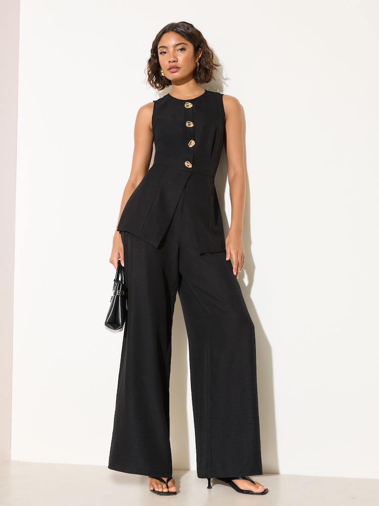 Friends Like These Black Button Detail Peplum Hem Waistcoat Jumpsuit - Image 1 of 4