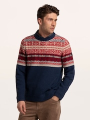 Brakeburn Blue Clapham Fairisle Crew Neck Knitted Jumper - Image 1 of 6