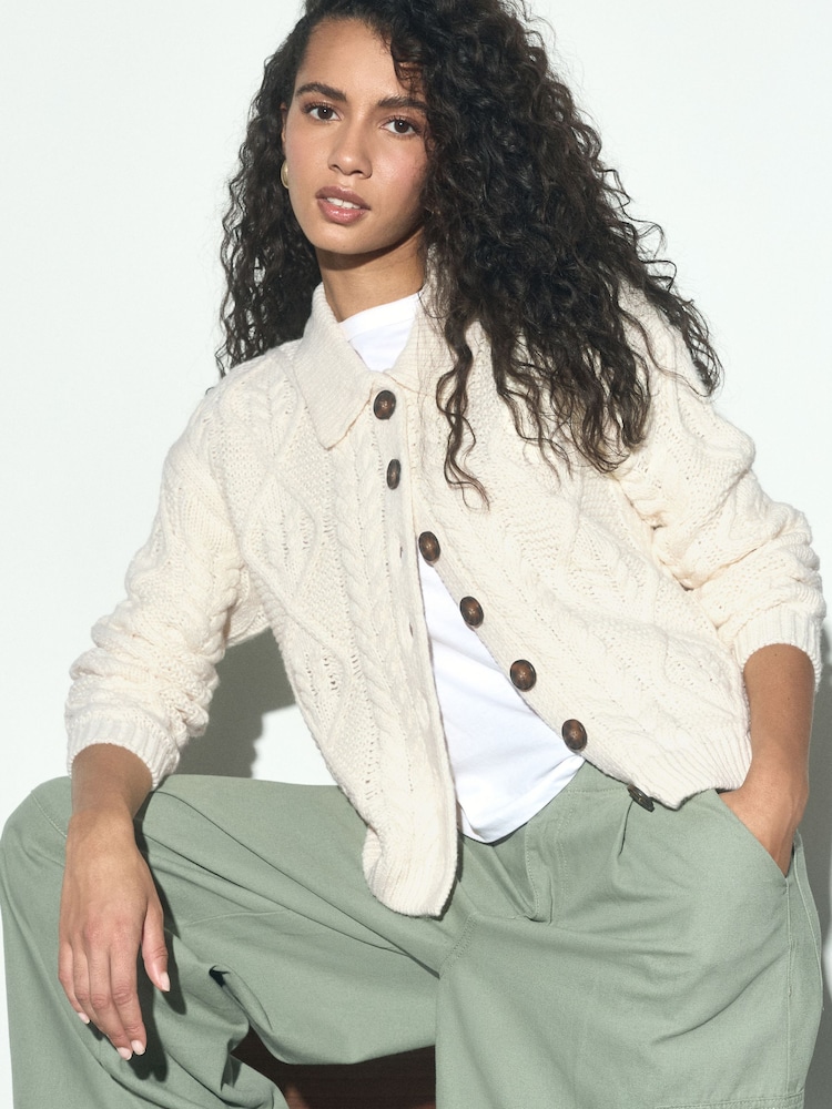 Ecru Cable Knit Long Sleeve Cardigan - Image 1 of 8 Ecru Cable Knit Long Sleeve Cardigan - Image 1 of 8