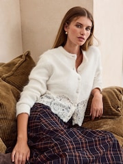 Ecru White Lace Trim Long Sleeve Knit Cardigan - Image 1 of 8