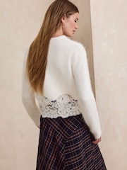 Ecru White Lace Trim Long Sleeve Knit Cardigan - Image 4 of 8