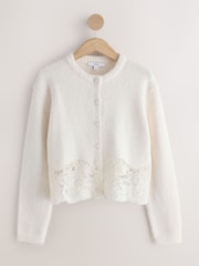Ecru White Lace Trim Long Sleeve Knit Cardigan - Image 6 of 8