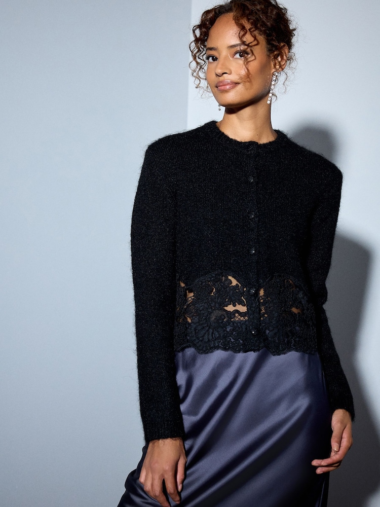 Black Lace Trim Long Sleeve Knit Cardigan - Image 1 of 8 Black Lace Trim Long Sleeve Knit Cardigan - Image 1 of 8