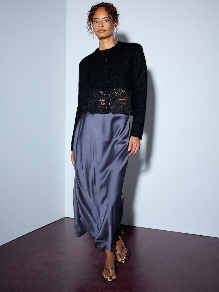 Black Lace Trim Long Sleeve Knit Cardigan - Image 2 of 8 Black Lace Trim Long Sleeve Knit Cardigan - Image 2 of 8