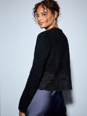 Black Lace Trim Long Sleeve Knit Cardigan - Image 4 of 8