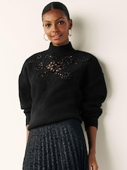 Black Embellished Crochet High Neck Jumper - Image 1 of 7