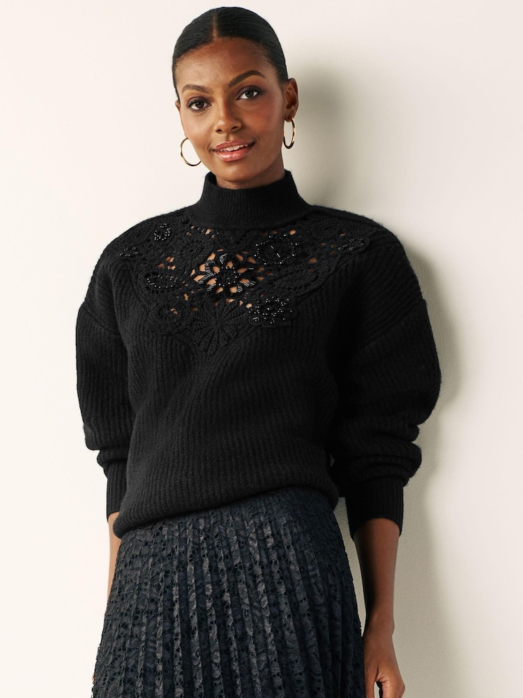 Black Embellished Crochet High Neck Jumper - Image 1 of 7