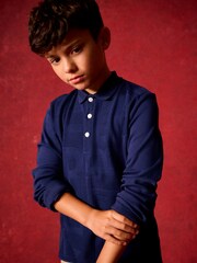 Baker by Ted Baker Navy 100% Cotton Long Sleeve Textured Polo Shirt - Image 3 of 8