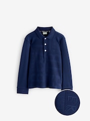 Baker by Ted Baker Navy 100% Cotton Long Sleeve Textured Polo Shirt - Image 4 of 8