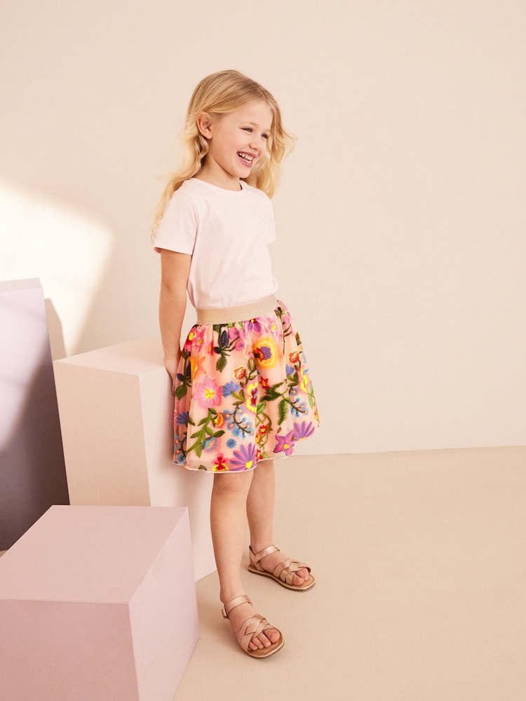 Pink Embroidered Floral Pull-On Skirt (3-16yrs) - Image 1 of 7 Pink Embroidered Floral Pull-On Skirt (3-16yrs) - Image 1 of 7