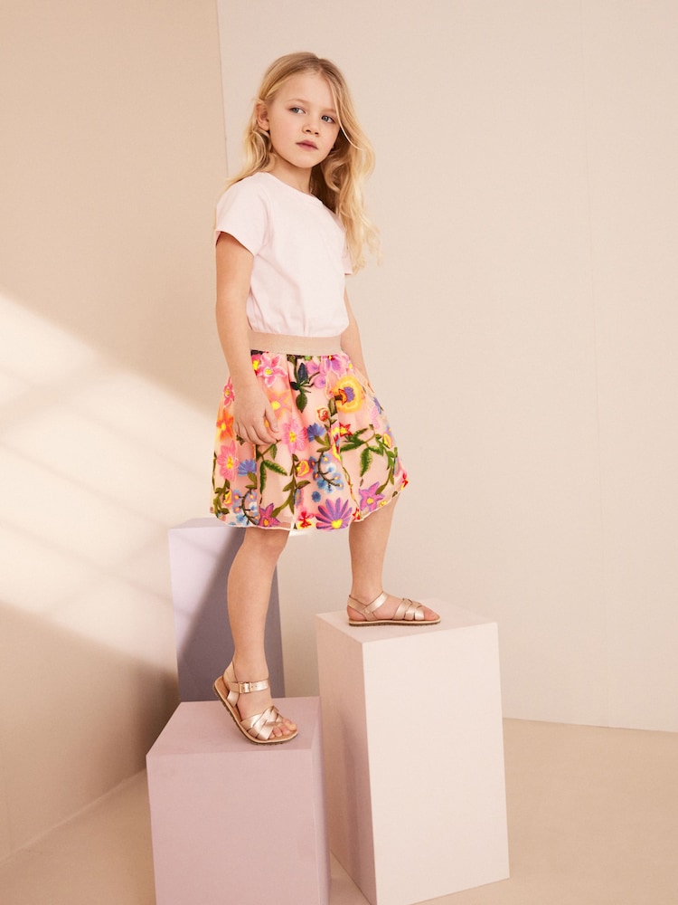 Pink Embroidered Floral Pull-On Skirt (3-16yrs) - Image 2 of 7 Pink Embroidered Floral Pull-On Skirt (3-16yrs) - Image 2 of 7