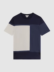 Reiss Navy Multi Holborn Mercerised Cotton Colourblock T-Shirt - Image 2 of 4