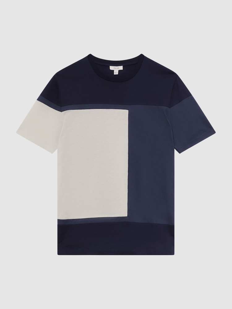 Reiss Navy Multi Holborn Mercerised Cotton Colourblock T-Shirt - Image 2 of 4