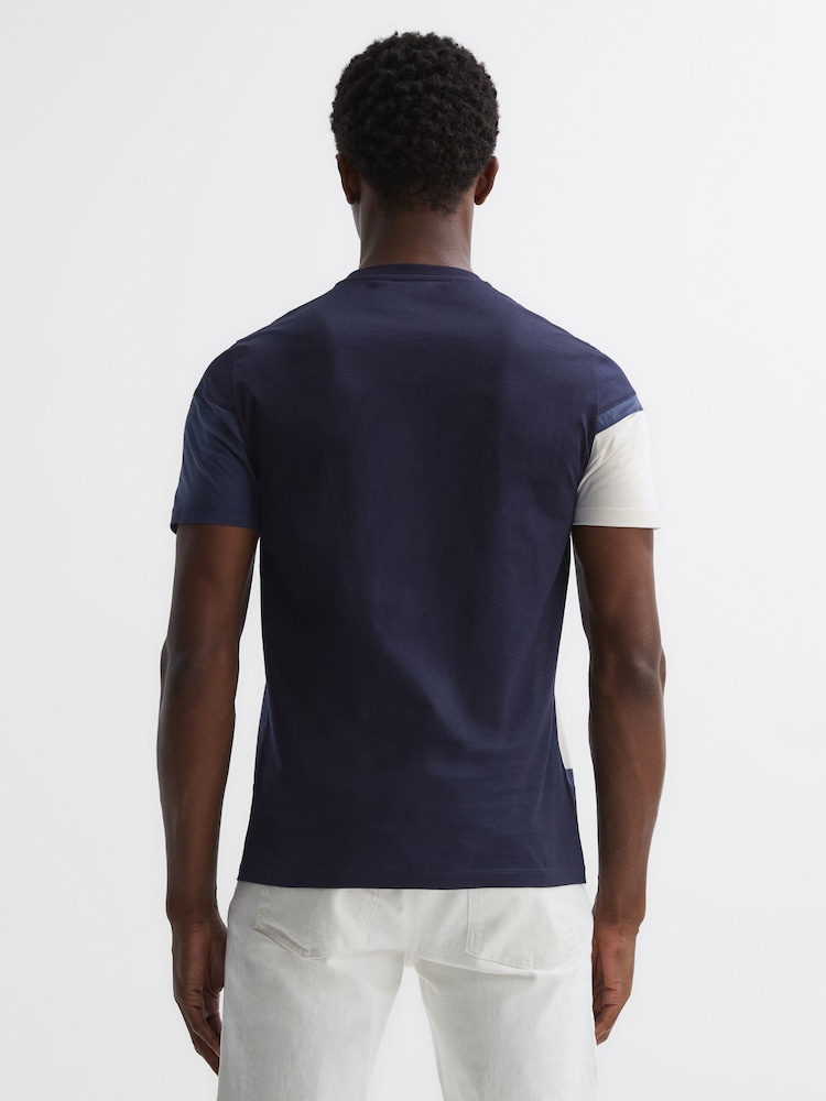 Reiss Navy Multi Holborn Mercerised Cotton Colourblock T-Shirt - Image 4 of 4
