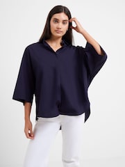 French Connection Navy Blue Rhodes Sust Poplin Short Sleeve Popover 100% Cotton Blouse - Image 1 of 3