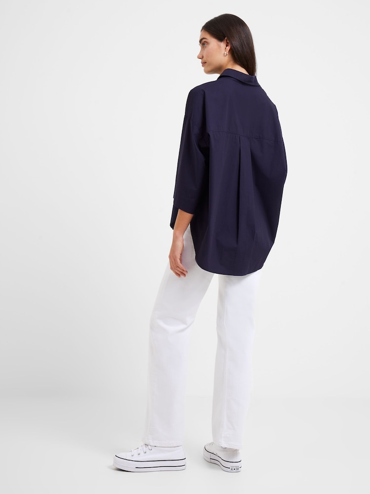 French Connection Navy Blue Rhodes Sust Poplin Short Sleeve Popover 100% Cotton Blouse - Image 2 of 3