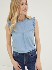 FatFace Blue Ali Frill Sleeve Top - Image 1 of 5