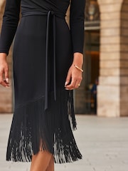 Sosandar Black Tassel Detail Belted Wrap Dress - Image 5 of 5