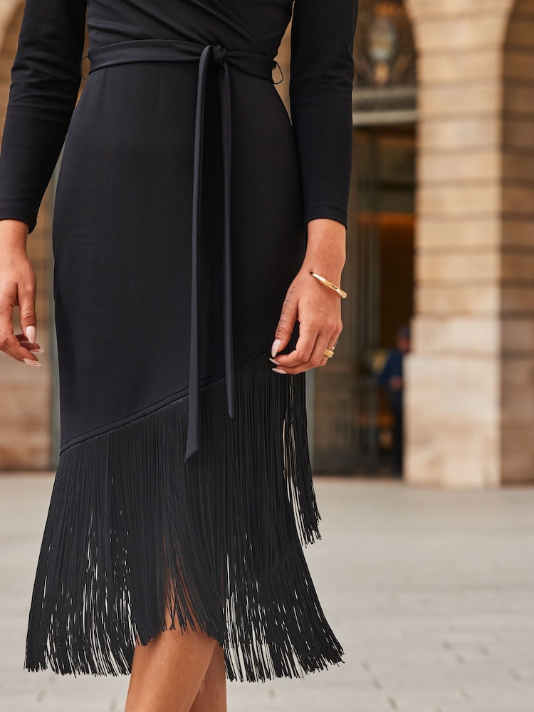 Sosandar Black Tassel Detail Belted Wrap Dress - Image 5 of 5