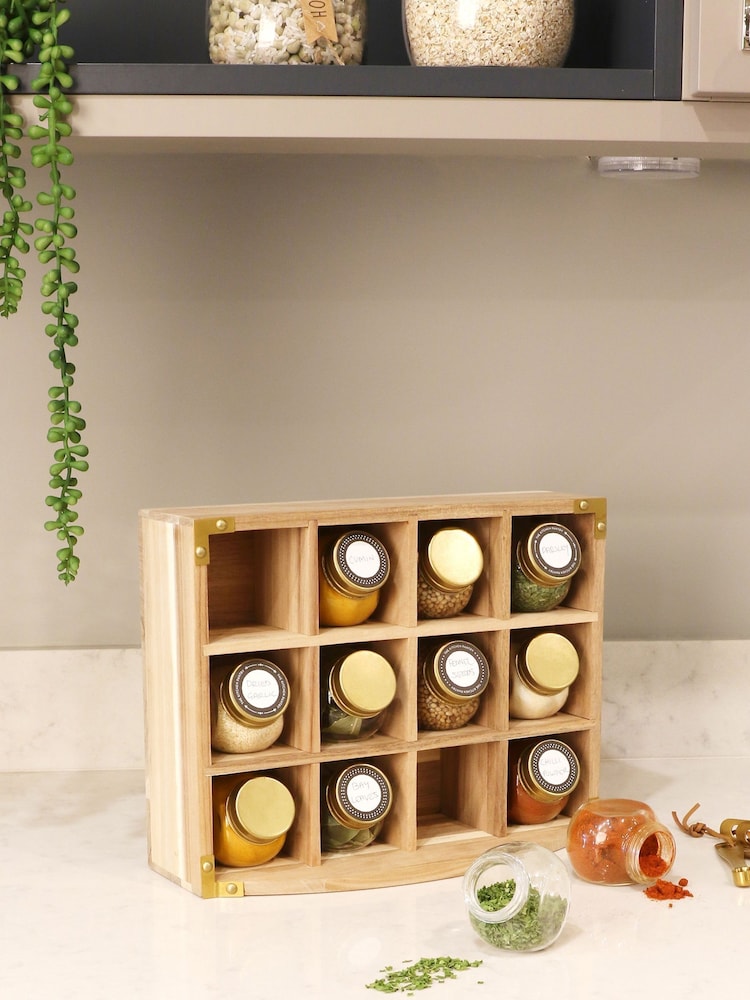 Kitchen Pantry Set of 12 Brown Unfilled Spice Jars & Storage Rack - Image 2 of 4