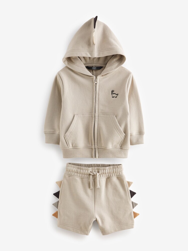 Ecru White Dino Spike 100% Cotton Zip Through and Shorts Set (3mths-7yrs) - Image 4 of 7