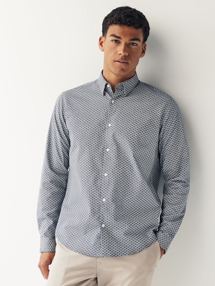 Navy Blue Stretch Oxford Printed Long Sleeve Shirt - Image 1 of 8