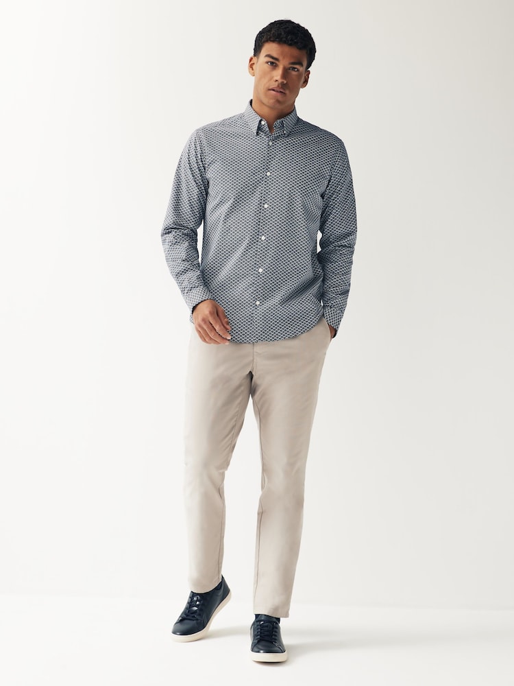 Navy Blue Stretch Oxford Printed Long Sleeve Shirt - Image 2 of 8