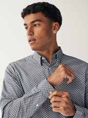 Navy Blue Stretch Oxford Printed Long Sleeve Shirt - Image 4 of 8