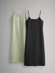 The Set Black/Khaki Green 2 Pack Midi Strappy Slip Dress - Image 2 of 18