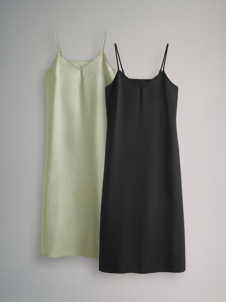 The Set Black/Khaki Green 2 Pack Midi Strappy Slip Dress - Image 2 of 18