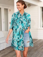Blue and White Printed Longline 100% Cotton Long Sleeve Beach Shirt - Image 1 of 5