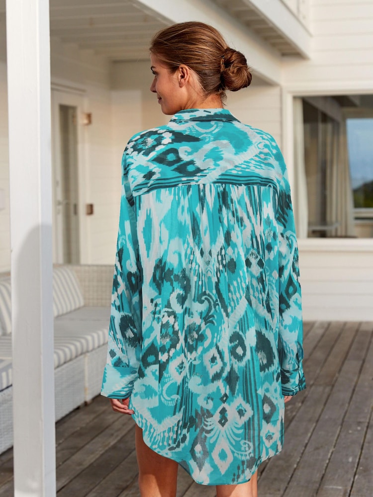 Blue and White Printed Longline 100% Cotton Long Sleeve Beach Shirt - Image 2 of 5