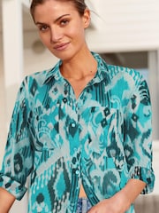 Blue and White Printed Longline 100% Cotton Long Sleeve Beach Shirt - Image 3 of 5