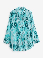 Blue and White Printed Longline 100% Cotton Long Sleeve Beach Shirt - Image 4 of 5