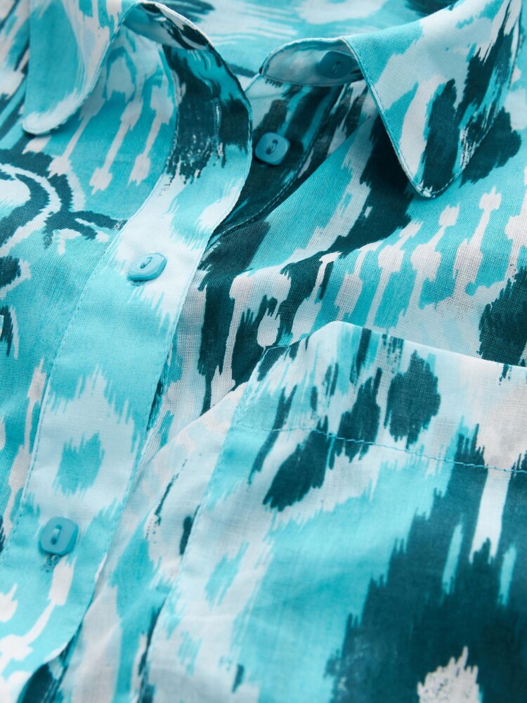 Blue and White Printed Longline 100% Cotton Long Sleeve Beach Shirt - Image 5 of 5