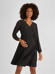 JoJo Maman Bébé Black Sparkle V-Neck Maternity Mini Dress - Image 1 of 6